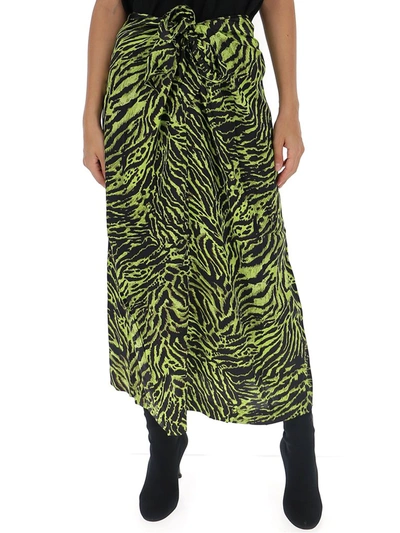 Shop Ganni Tiger Print Tie Front Skirt In Green