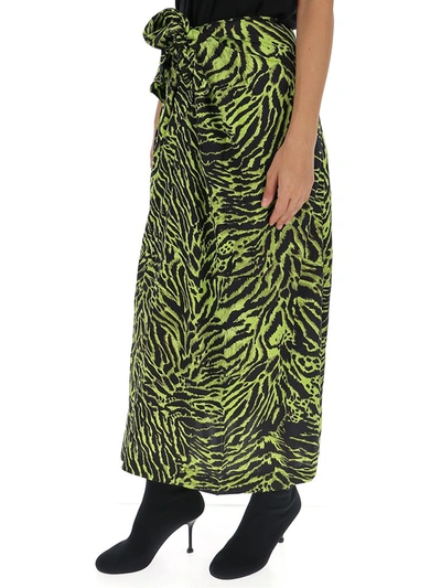 Shop Ganni Tiger Print Tie Front Skirt In Green