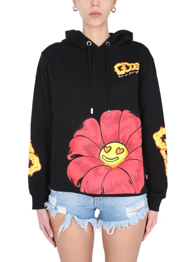 Shop Gcds Flower Logo Print Drawstring Hoodie In Black