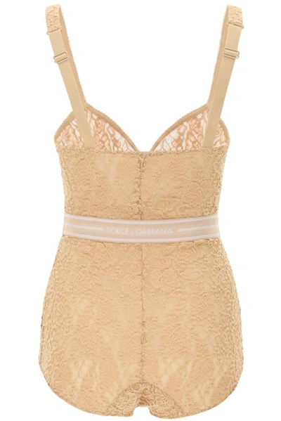 Shop Dolce & Gabbana Lace Logo Band Bodysuit In Beige