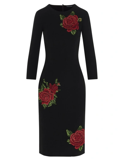 Shop Dolce & Gabbana Rose Embroidered Midi Dress In Black