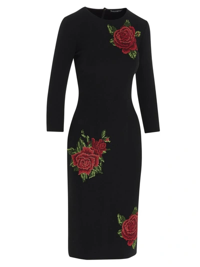 Shop Dolce & Gabbana Rose Embroidered Midi Dress In Black