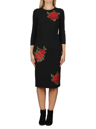 Shop Dolce & Gabbana Rose Embroidered Midi Dress In Black