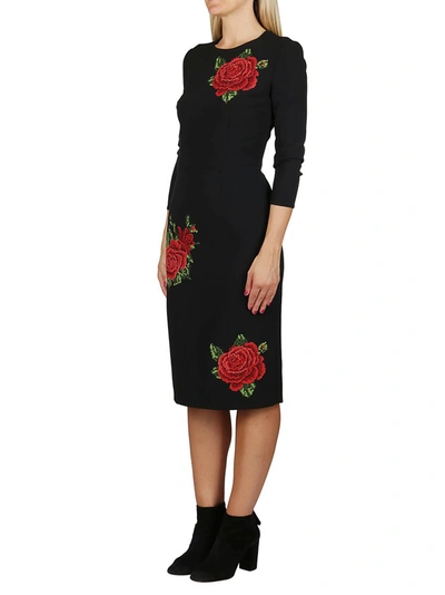 Shop Dolce & Gabbana Rose Embroidered Midi Dress In Black