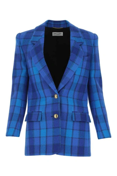 Shop Saint Laurent Check Single Breasted Blazer In Blue