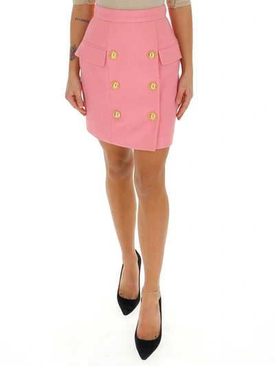 Shop Balmain Buttoned Mini Skirt In Pink