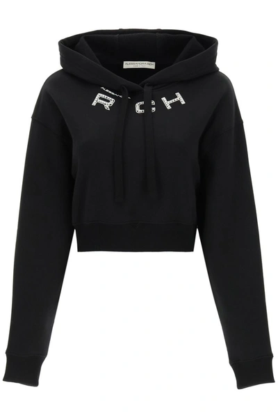 Shop Alessandra Rich Logo Embellished Drawstring Hoodie In Black