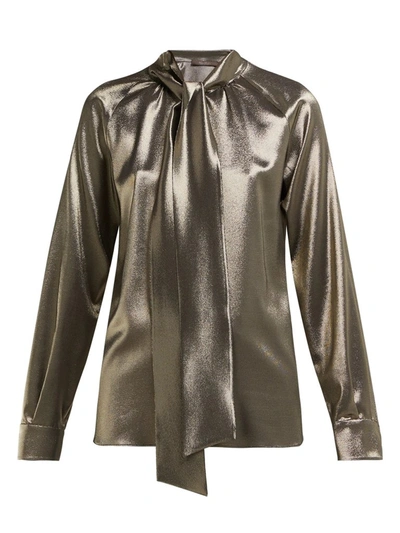 Shop Max Mara Metallic Pussy Bow Blouse In Gold