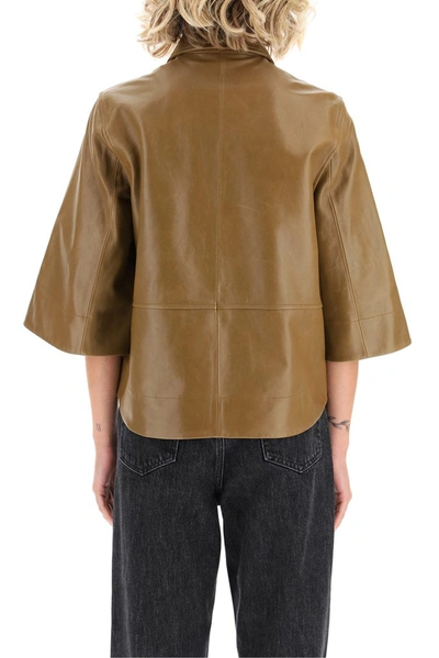 Shop Ganni Cropped Sleeve Buttoned Shirt In Brown