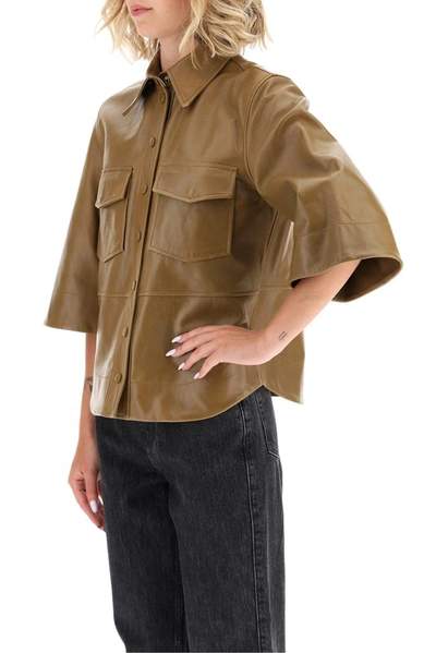 Shop Ganni Cropped Sleeve Buttoned Shirt In Brown