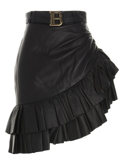 Shop Balmain Asymmetrical Mini Leather Skirt In Black