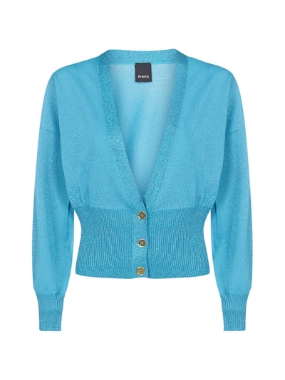 Shop Pinko Shimmery Cropped Knit Cardigan In Blue