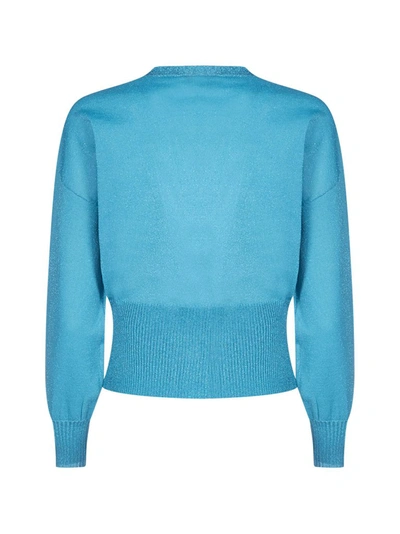 Shop Pinko Shimmery Cropped Knit Cardigan In Blue