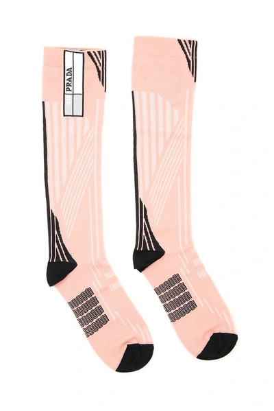 Shop Prada Intarsia Long Socks In Pink