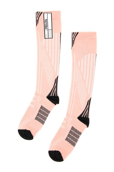 Shop Prada Intarsia Long Socks In Pink