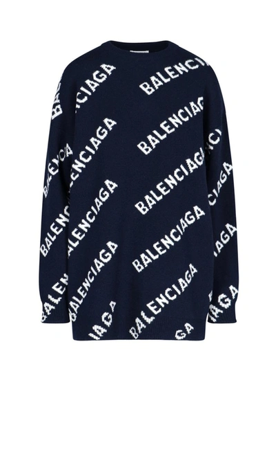 Shop Balenciaga Allover Logo Intarsia Sweater In Blue