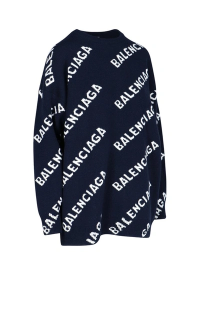 Shop Balenciaga Allover Logo Intarsia Sweater In Blue