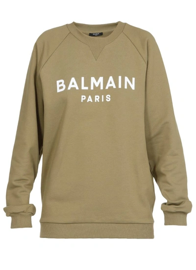 Shop Balmain Logo Printed Crewneck Sweatshirt In Green