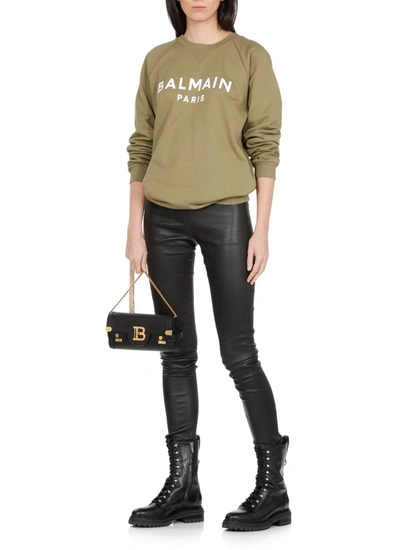 Shop Balmain Logo Printed Crewneck Sweatshirt In Green