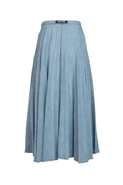 Shop Miu Miu Pleated Denim Skirt In Blue
