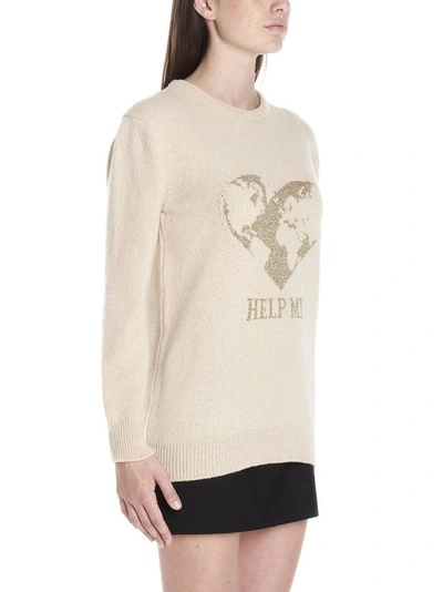 Shop Alberta Ferretti Help Me Slogan Intarsia Knit Sweater In Beige