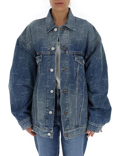 Balenciaga Denim Jacket With Back Print Logo In Medium Wash ModeSens