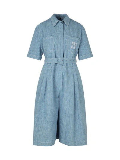 Shop Fendi Ff Logo Embroidered Belted Denim Jumpsuit In Blue