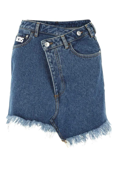 Shop Gcds Asyemmetric Frayed Denim Skirt In Blue