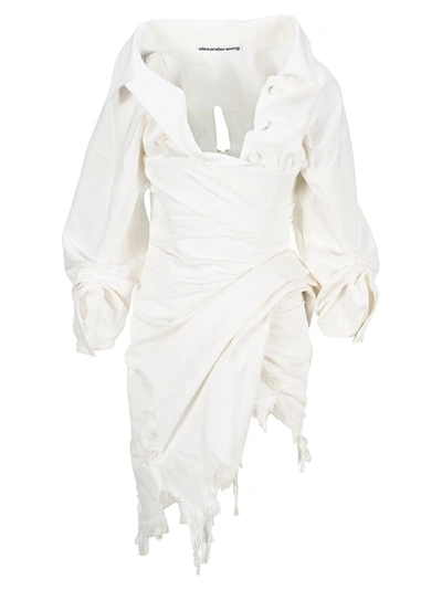 Shop Alexander Wang Draped Distressed Denim Dress In White
