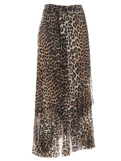 Shop Ganni Leopard Print Mesh Wrap Skirt In Multi