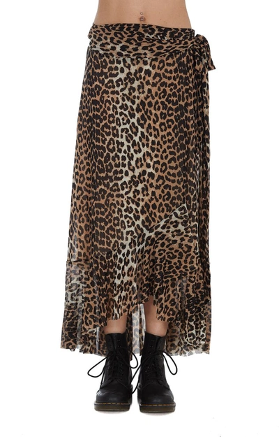 Shop Ganni Leopard Print Mesh Wrap Skirt In Multi