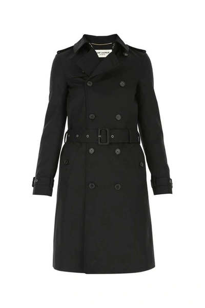 Shop Saint Laurent Double Breasted Belted Trench Coat In Black