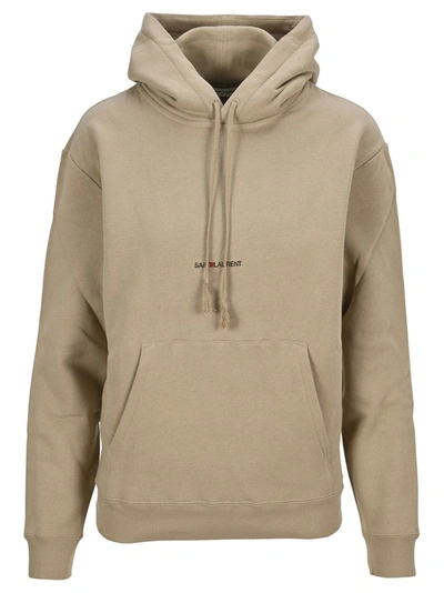 Shop Saint Laurent Logo Printed Hoodie In Beige