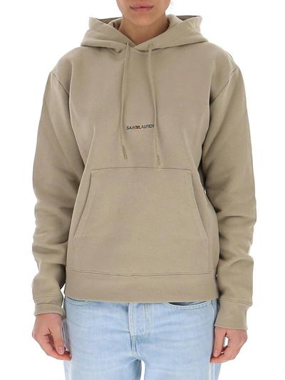 Shop Saint Laurent Logo Printed Hoodie In Beige