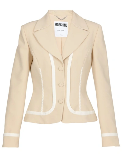 Shop Moschino Notched Lapel Single Breasted Blazer In Beige