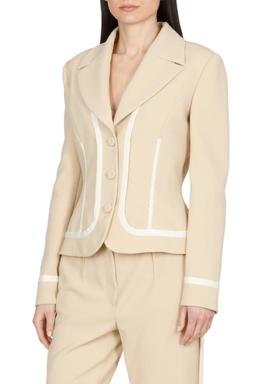 Shop Moschino Notched Lapel Single Breasted Blazer In Beige