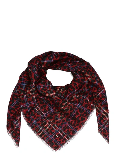 Shop Saint Laurent Leopard Print Checked Scarf In Red