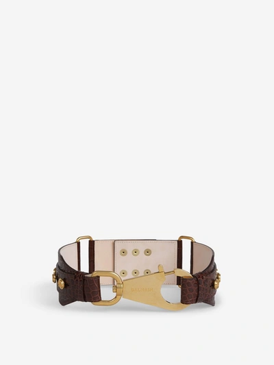 Shop Balmain B Ring Hook Studded Belt In Brown