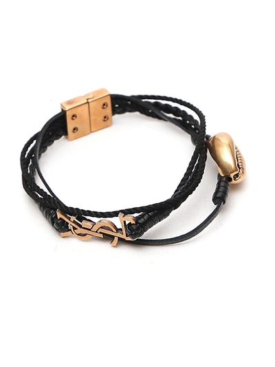 Shop Saint Laurent Shell And Monogram Braided Bracelet In Black