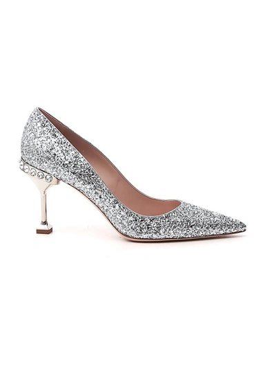 Shop Miu Miu Glitter Pointed Toe Pumps In Silver