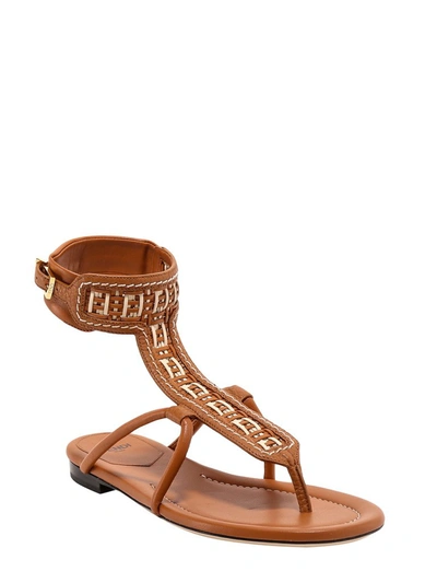 Shop Fendi Ff Woven Thong Sandals In Brown