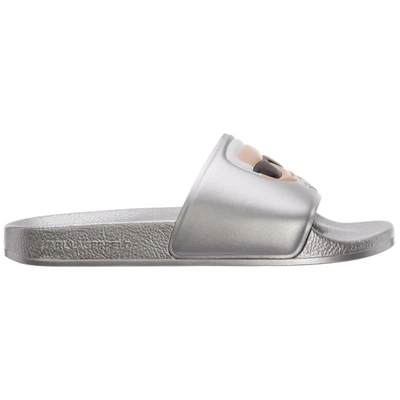 Shop Karl Lagerfeld Karl Patch Slides In Silver