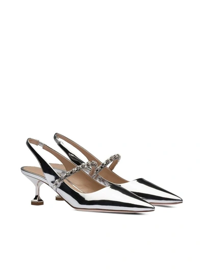 Shop Miu Miu Crystal Embellished Strap Slingback Pumps In Silver