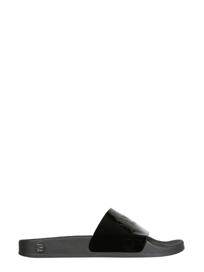 Shop Balmain Embossed Logo Slide Sandals In Black