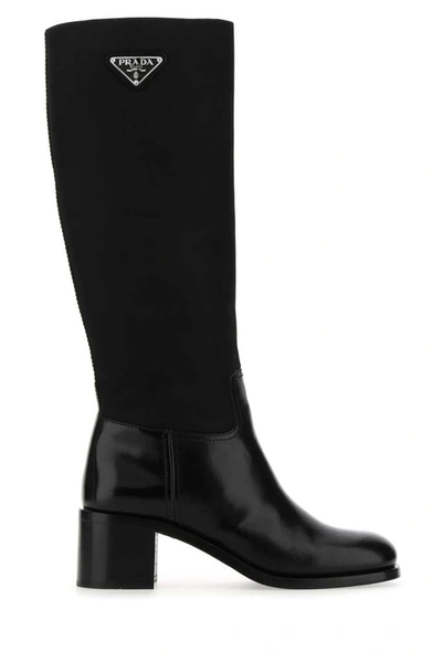 Shop Prada Logo Plaque Block Heel Boots In Black