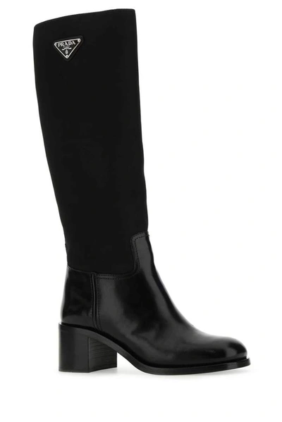 Shop Prada Logo Plaque Block Heel Boots In Black