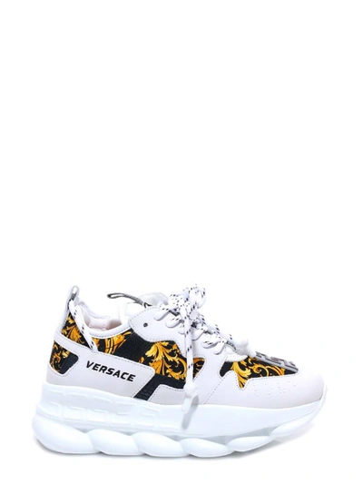 Versace Chain Reaction Suede, Printed Nylon And Leather Sneakers In Bianco Nero  Oro | ModeSens
