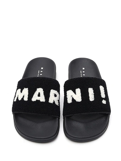 Shop Marni Textured Logo Slides In Black