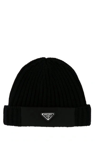 Shop Prada Logo Knitted Beanie In Black