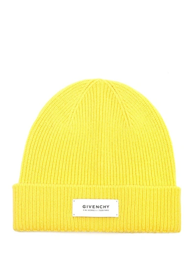 Shop Givenchy Logo Patch Ribbed Beanie In Yellow